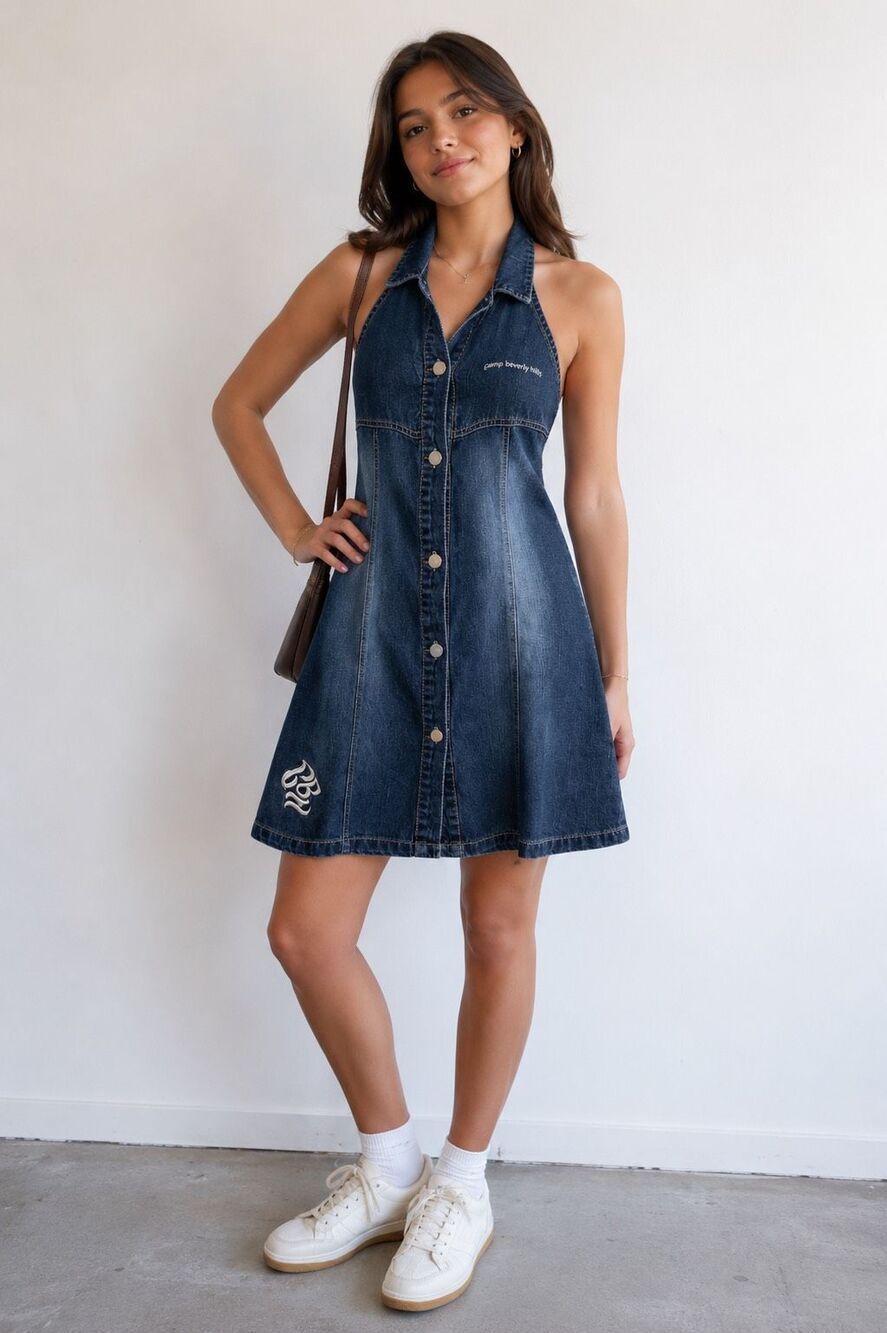 Vintage Camp Beverly Hills Denim Halter Dress Junior Medium 10/12 Y2K